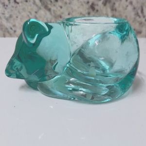 Vintage Green Indiana Glass Company Sleeping Cat Candle Holder